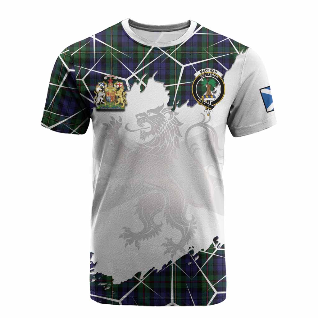 MacEwan (MacEwen) Tartan Cotton T-shirt with Family Crest and Lion Rampant Grunge Style