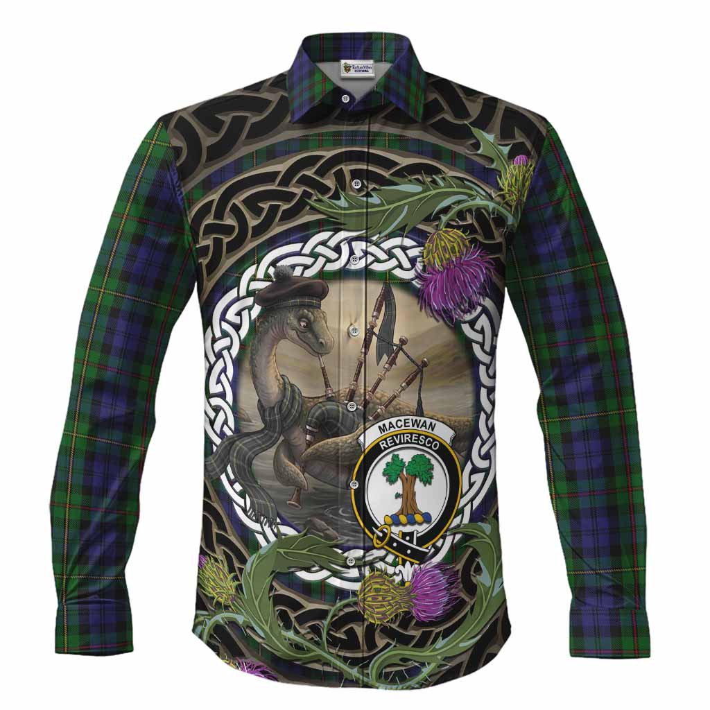 MacEwan (MacEwen) Tartan Crest Bagpipe Nessie Long Sleeve Button Shirts Scottish Loch Ness Monster Celtic Thistle