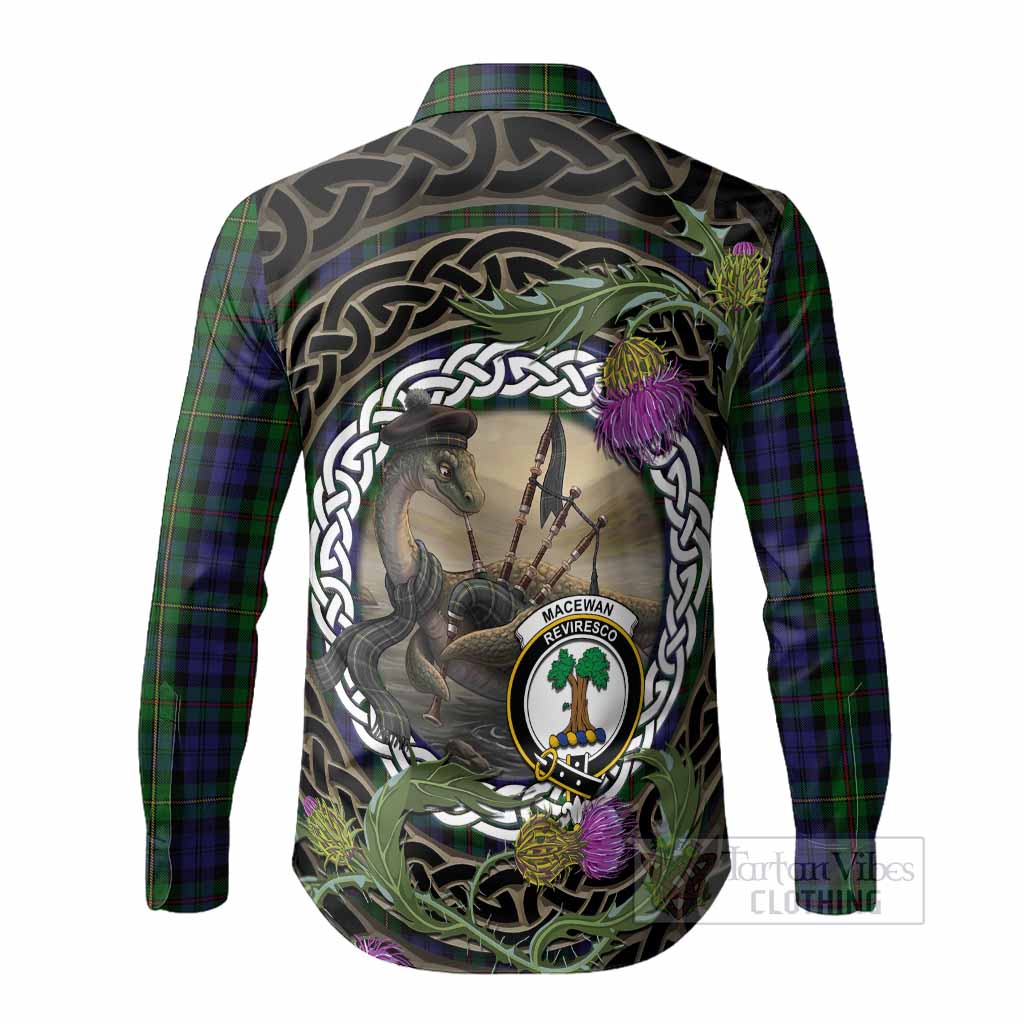 MacEwan (MacEwen) Tartan Crest Bagpipe Nessie Long Sleeve Button Shirts Scottish Loch Ness Monster Celtic Thistle