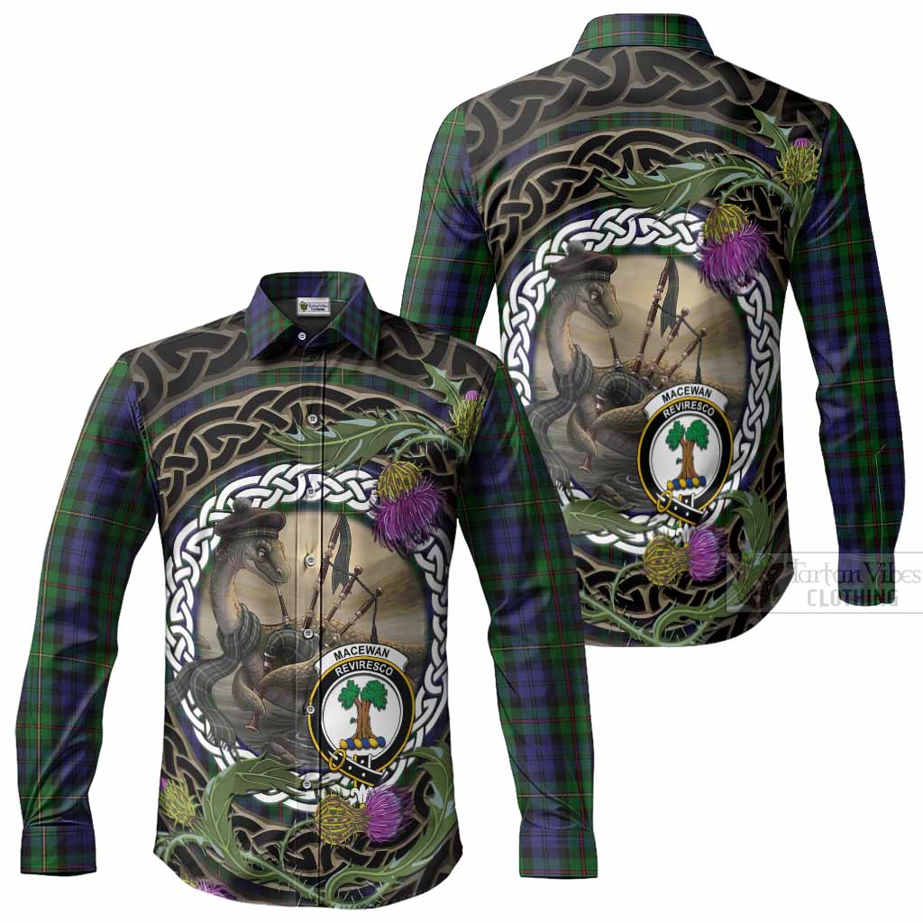 MacEwan (MacEwen) Tartan Crest Bagpipe Nessie Long Sleeve Button Shirts Scottish Loch Ness Monster Celtic Thistle