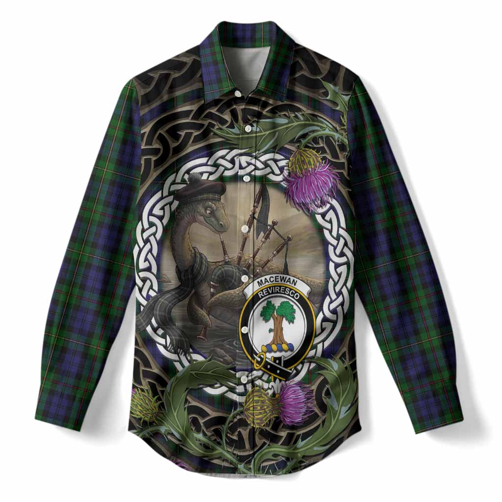 MacEwan (MacEwen) Tartan Crest Bagpipe Nessie Women Casual Shirt Scottish Loch Ness Monster Celtic Thistle
