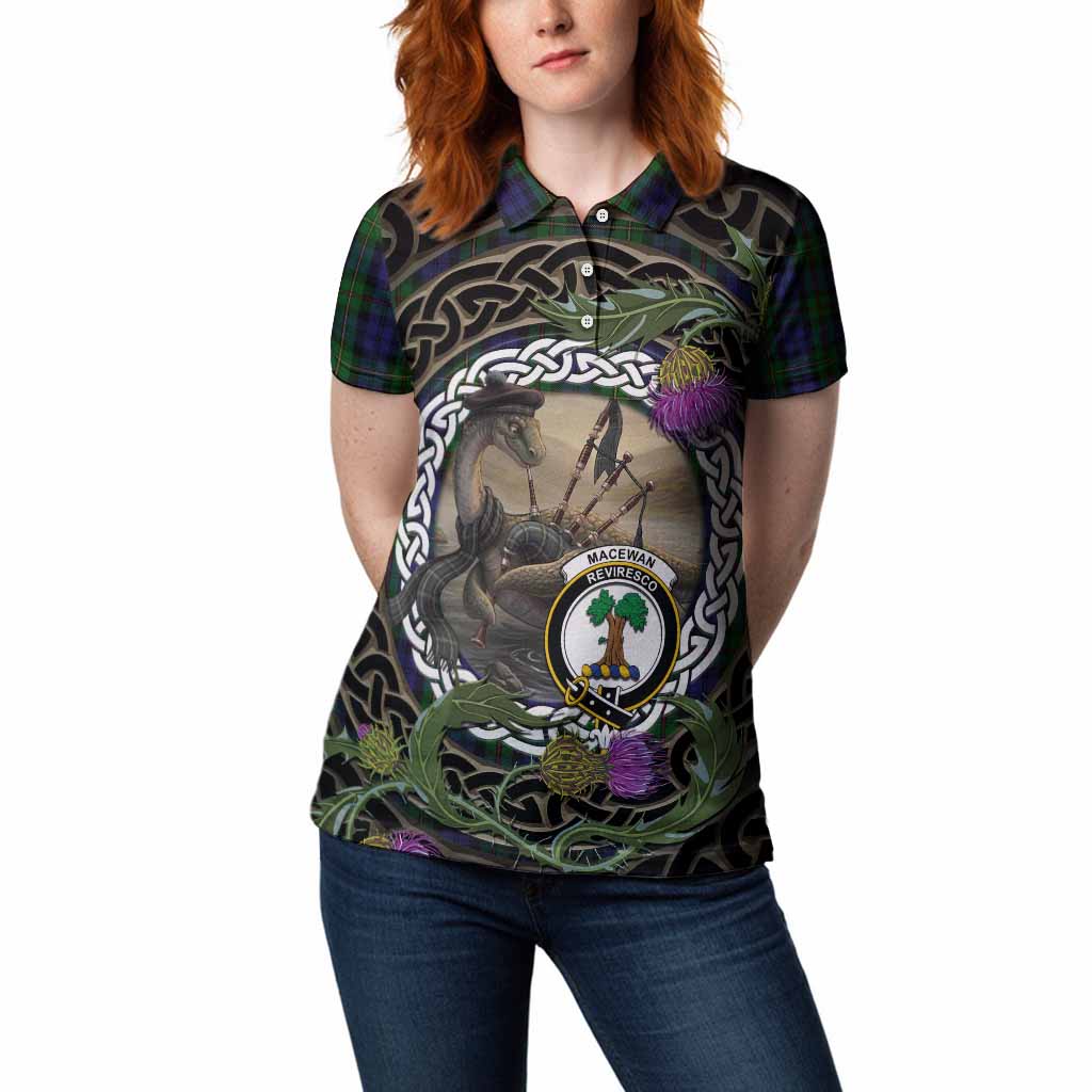 MacEwan (MacEwen) Tartan Crest Bagpipe Nessie Women Polo Shirt Scottish Loch Ness Monster Celtic Thistle