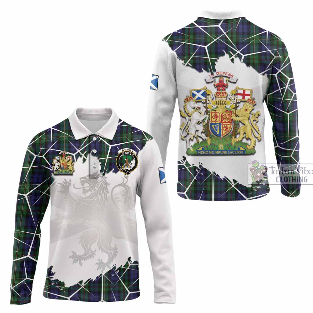 MacEwan (MacEwen) Tartan Long Sleeve Polo Shirt with Family Crest and Lion Rampant Grunge Style