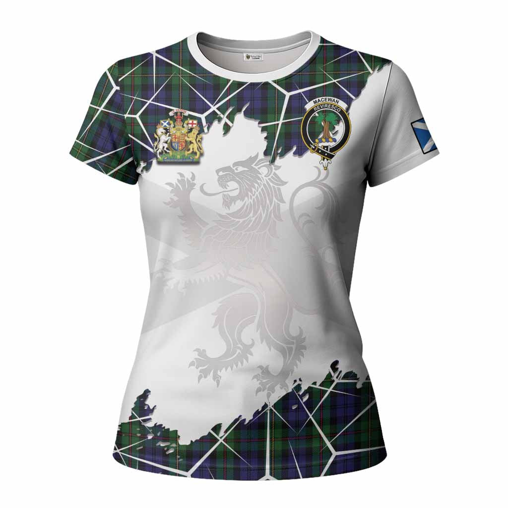 MacEwan (MacEwen) Tartan Women T shirt with Family Crest and Lion Rampant Grunge Style