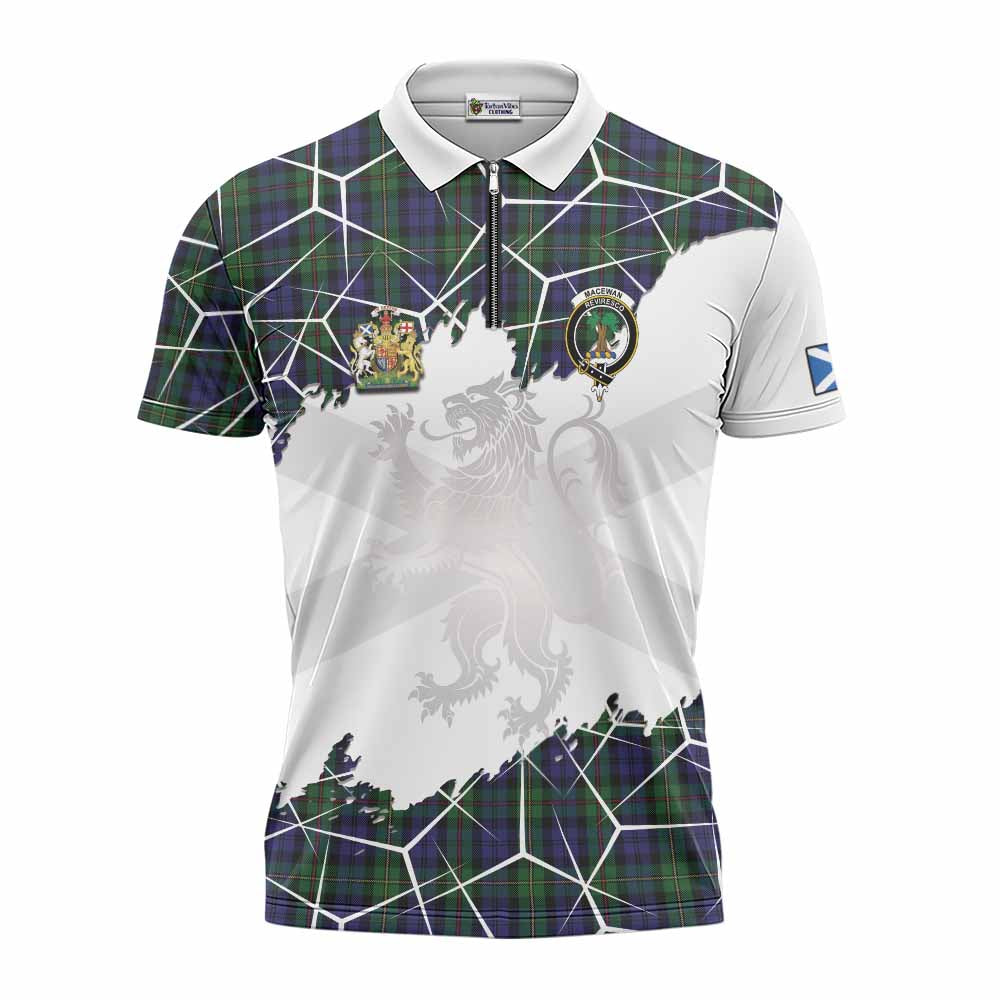 MacEwan (MacEwen) Tartan Zipper Polo Shirt with Family Crest and Lion Rampant Grunge Style