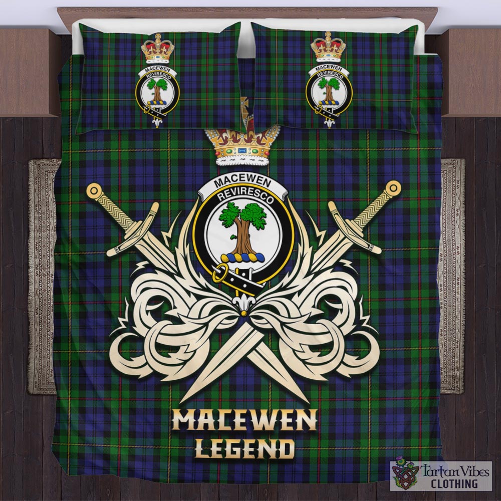 Tartan Vibes Clothing MacEwen Tartan Bedding Set with Clan Crest and the Golden Sword of Courageous Legacy
