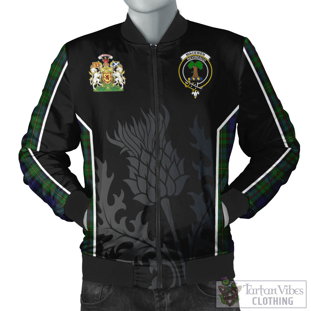 MacEwen Tartan Bomber Jacket with Family Crest and Scottish Thistle Vibes Sport Style Unisex Black - Tartan Vibes Clothing