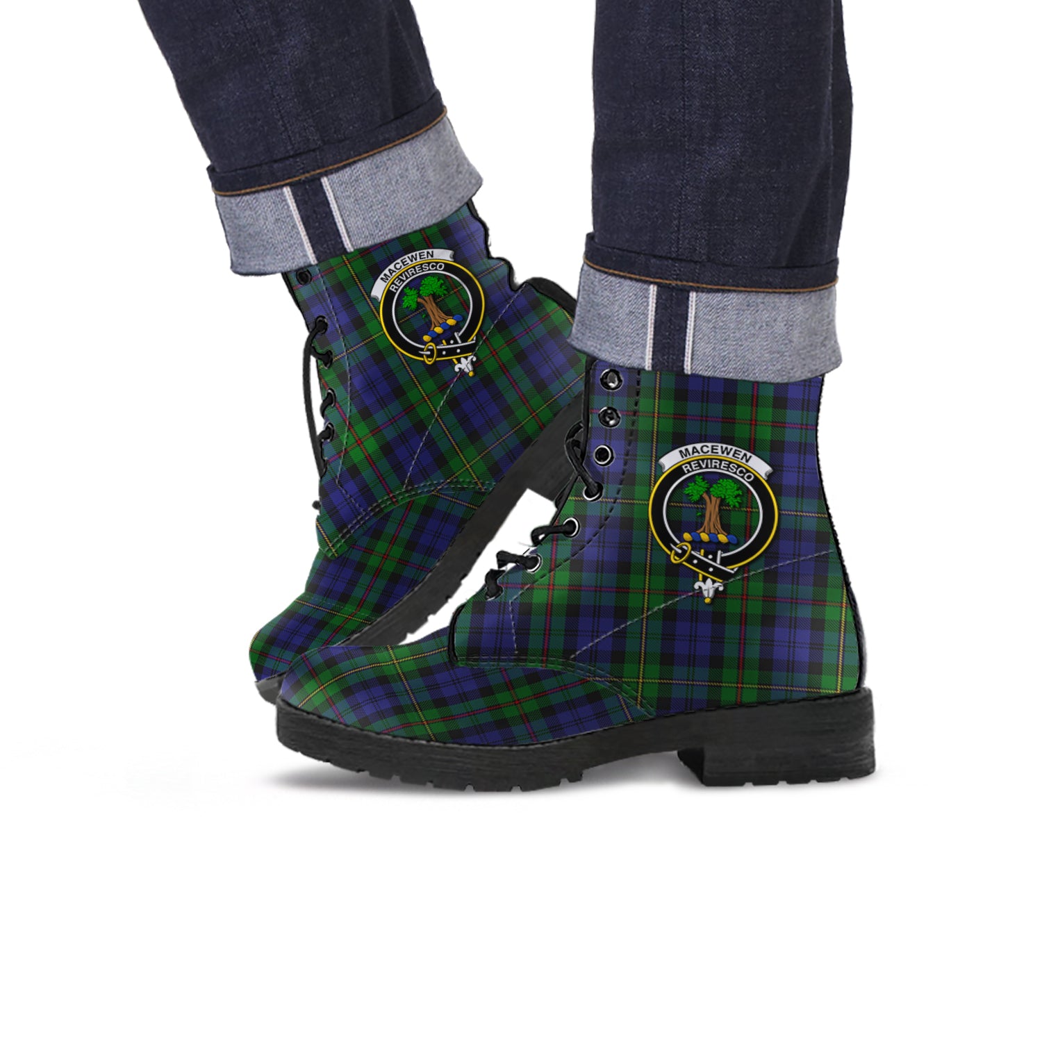 MacEwen Tartan Leather Boots with Family Crest Men' Boots - Tartan Vibes Clothing