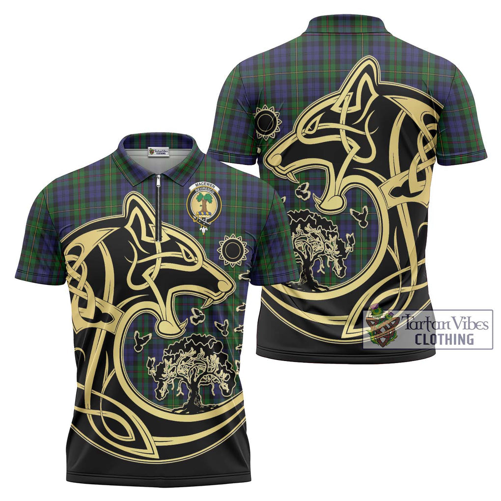 MacEwen Tartan Zipper Polo Shirt with Family Crest Celtic Wolf Style Unisex - Tartan Vibes Clothing