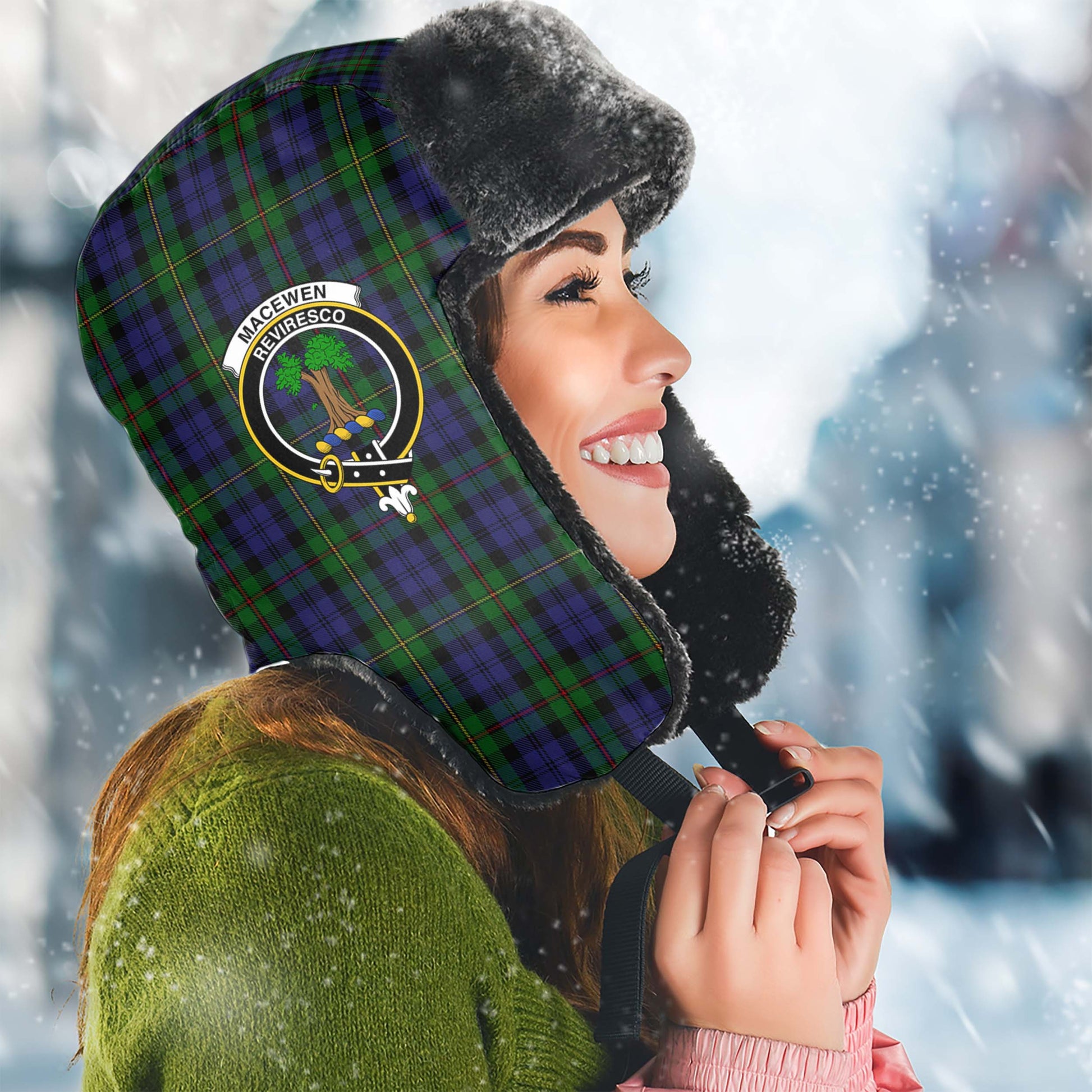 MacEwen Tartan Winter Trapper Hat with Family Crest Winter Trapper Hat Universal Fit Circumference 22.8in (58cm) - Tartan Vibes Clothing
