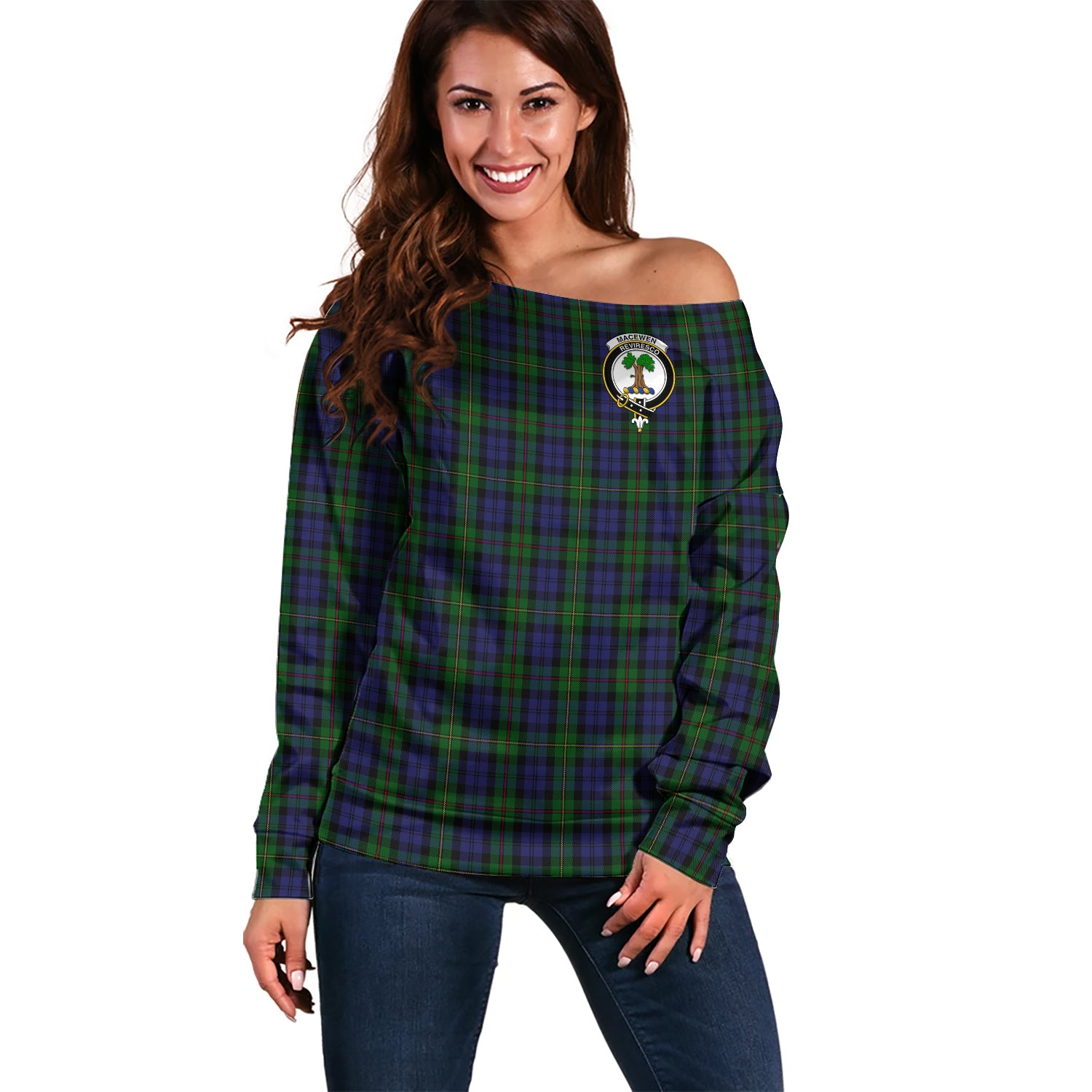 MacEwen Tartan Off Shoulder Women Sweater with Family Crest Women - Tartan Vibes Clothing