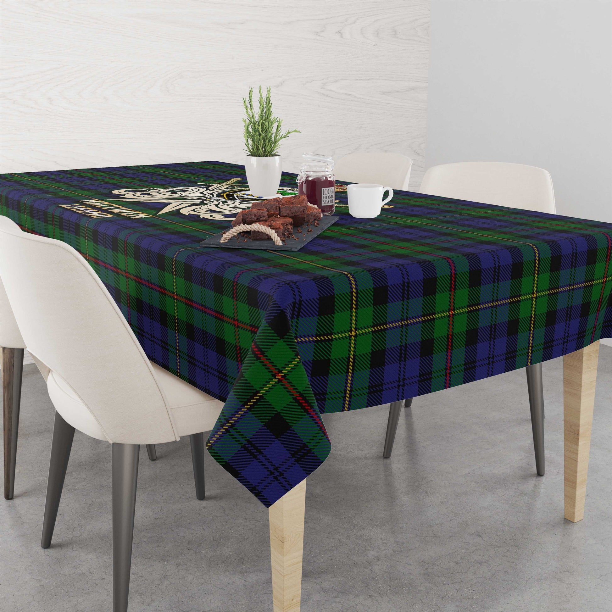 MacEwen Tartan Tablecloth with Clan Crest and the Golden Sword of Courageous Legacy - Tartan Vibes Clothing