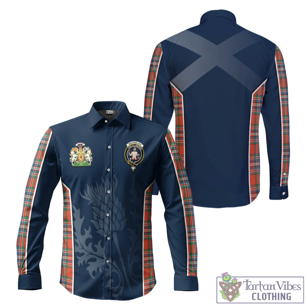 Tartan Vibes Clothing MacFarlane Ancient Tartan Long Sleeve Button Up Shirt with Family Crest and Scottish Thistle Vibes Sport Style