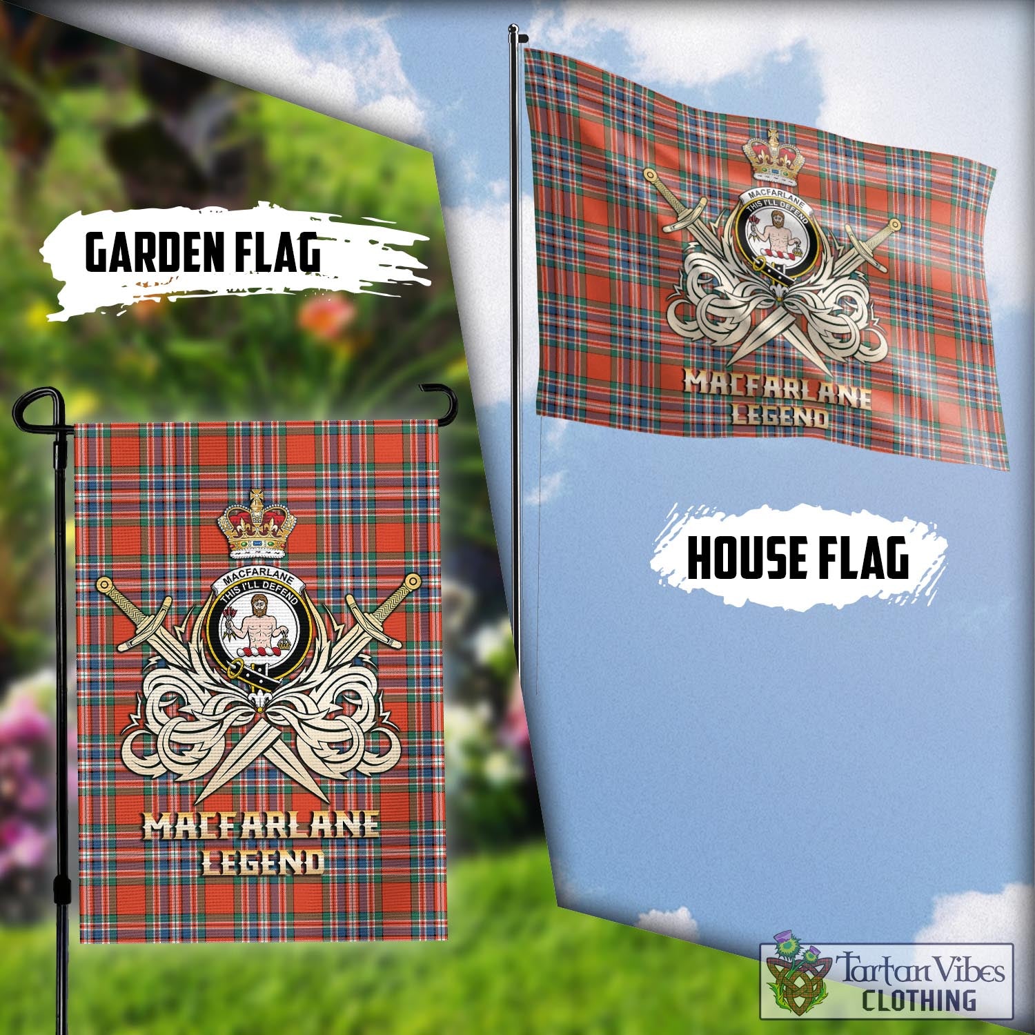Tartan Vibes Clothing MacFarlane Ancient Tartan Flag with Clan Crest and the Golden Sword of Courageous Legacy