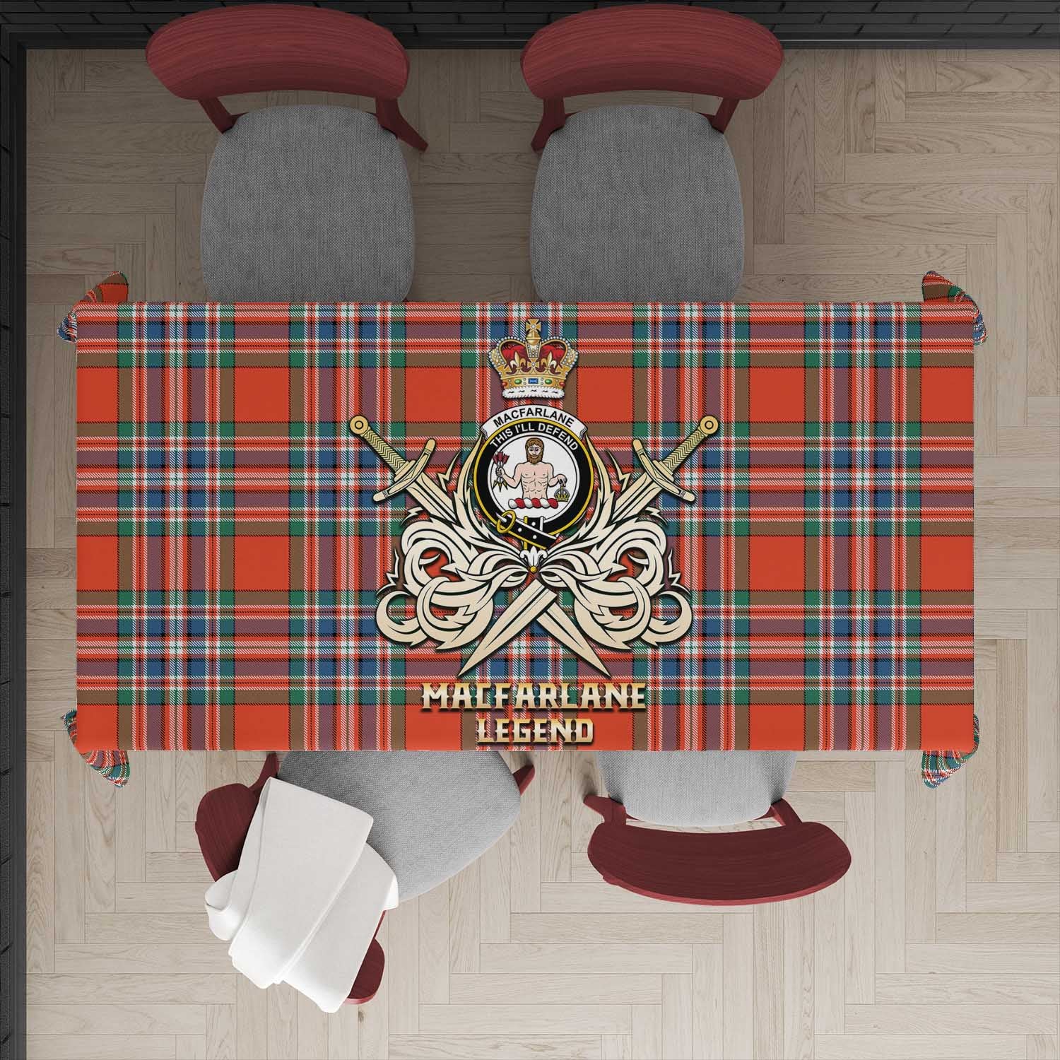 Tartan Vibes Clothing MacFarlane Ancient Tartan Tablecloth with Clan Crest and the Golden Sword of Courageous Legacy