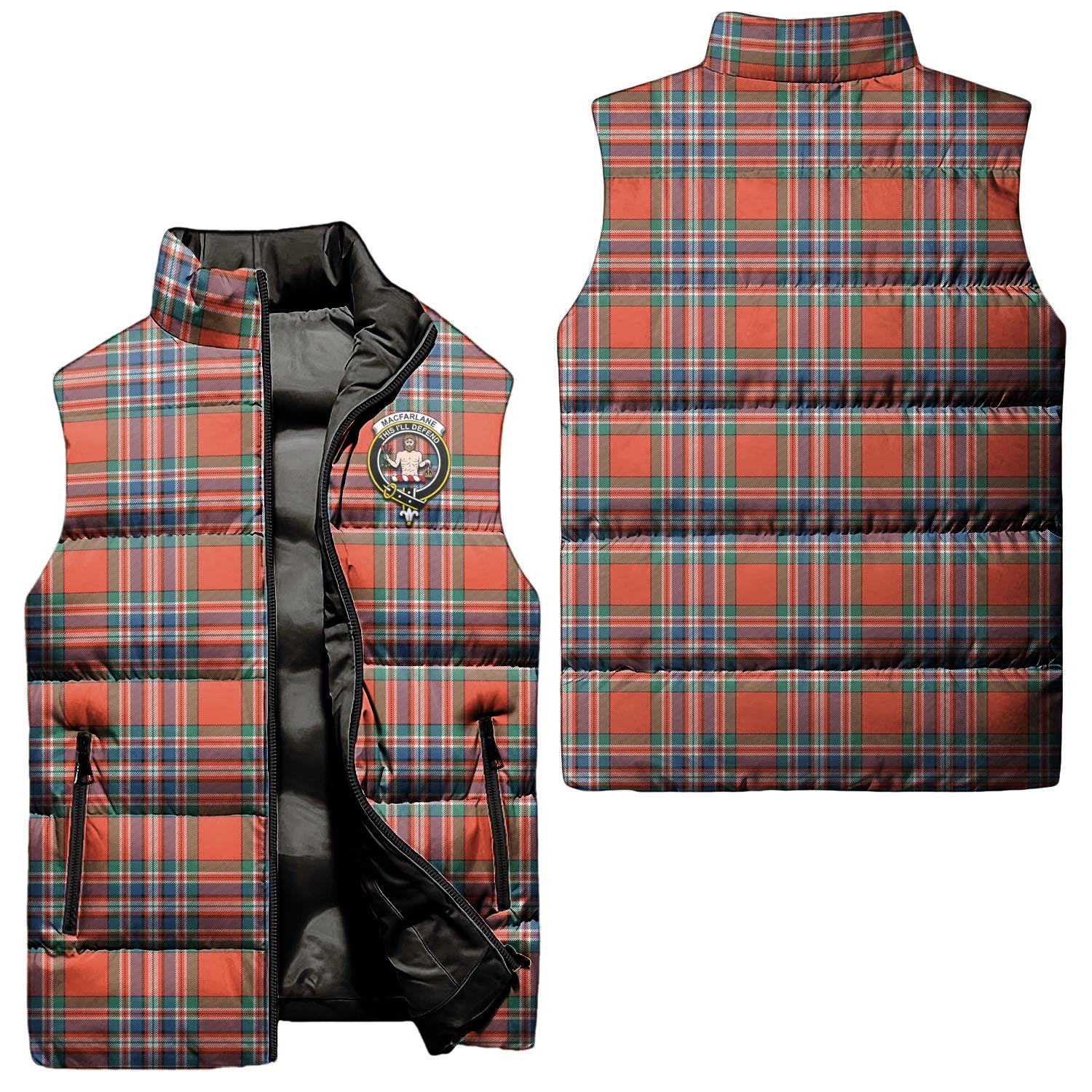 MacFarlane Ancient Tartan Sleeveless Puffer Jacket with Family Crest Unisex - Tartanvibesclothing