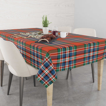 MacFarlane Ancient Tartan Tablecloth with Clan Crest and the Golden Sword of Courageous Legacy