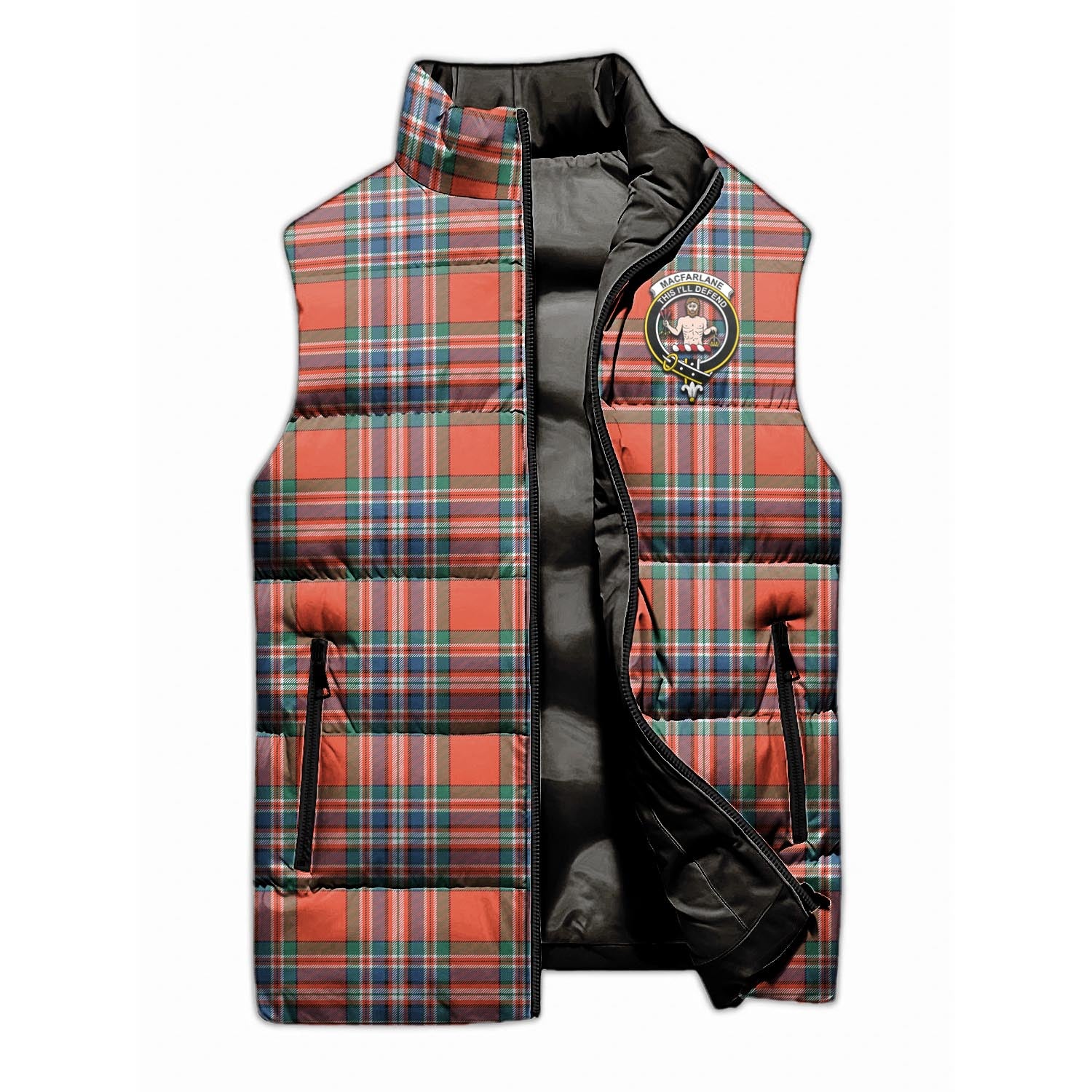 MacFarlane Ancient Tartan Sleeveless Puffer Jacket with Family Crest - Tartanvibesclothing