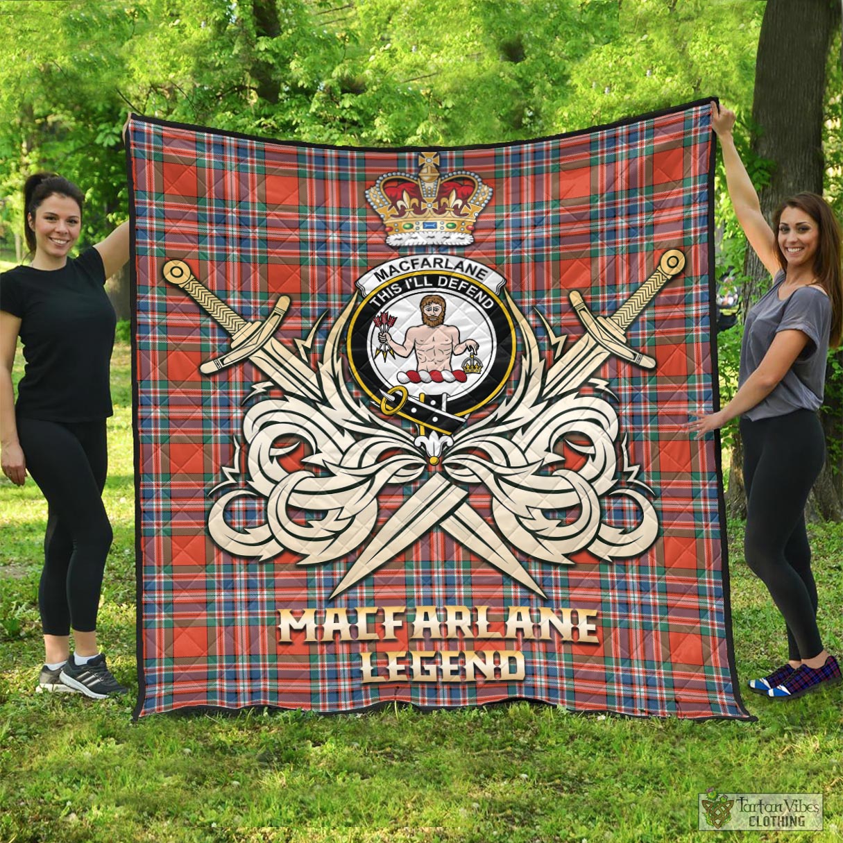 Tartan Vibes Clothing MacFarlane Ancient Tartan Quilt with Clan Crest and the Golden Sword of Courageous Legacy