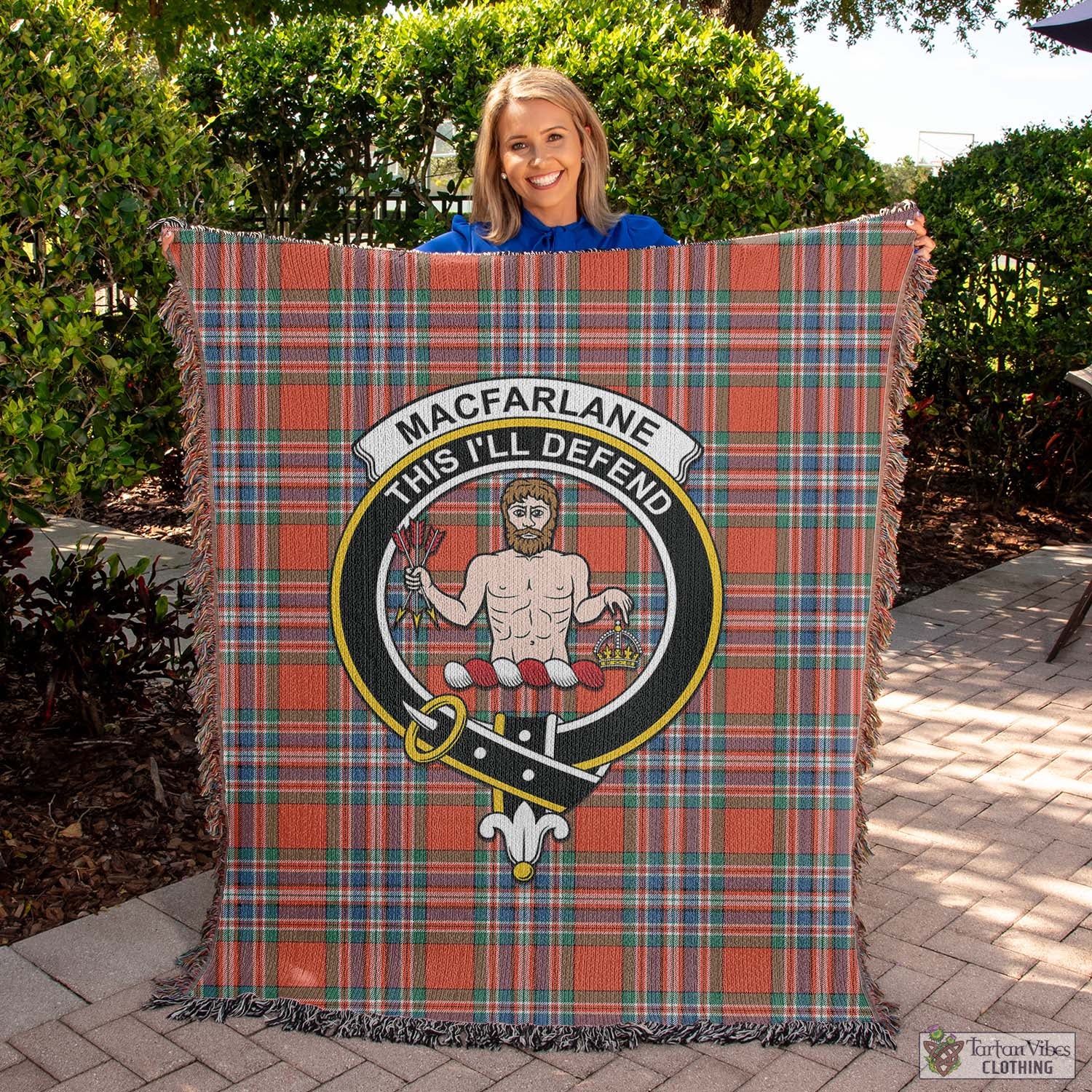 Tartan Vibes Clothing MacFarlane Ancient Tartan Woven Blanket with Family Crest