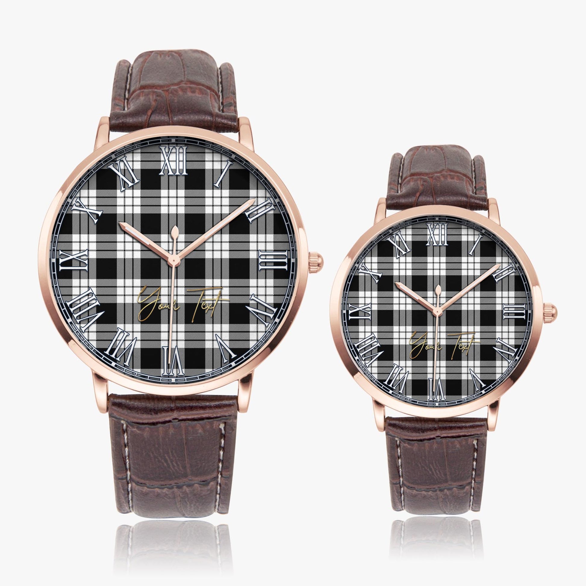 MacFarlane Black White Tartan Personalized Your Text Leather Trap Quartz Watch Ultra Thin Rose Gold Case With Brown Leather Strap - Tartanvibesclothing