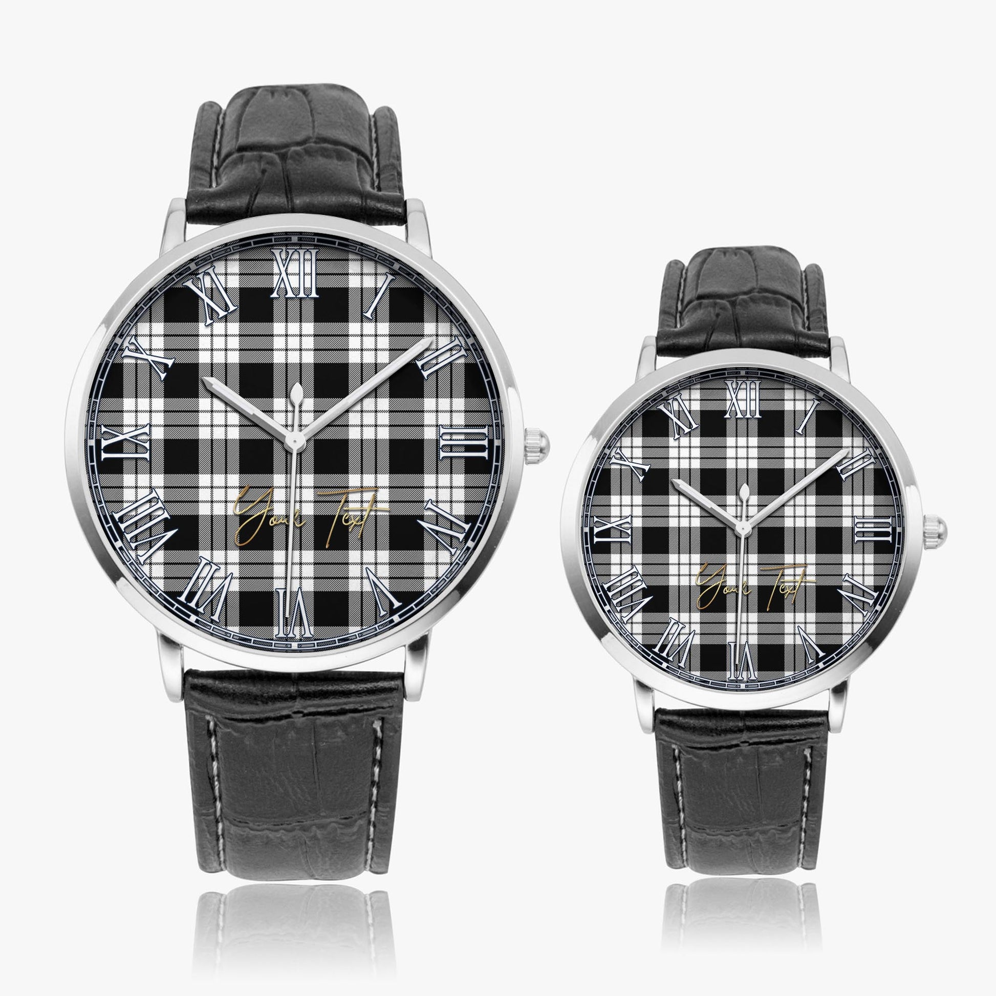 MacFarlane Black White Tartan Personalized Your Text Leather Trap Quartz Watch Ultra Thin Silver Case With Black Leather Strap - Tartanvibesclothing
