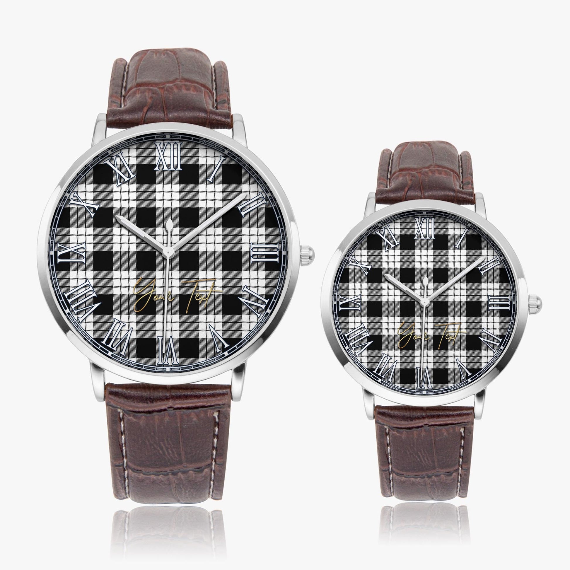MacFarlane Black White Tartan Personalized Your Text Leather Trap Quartz Watch Ultra Thin Silver Case With Brown Leather Strap - Tartanvibesclothing