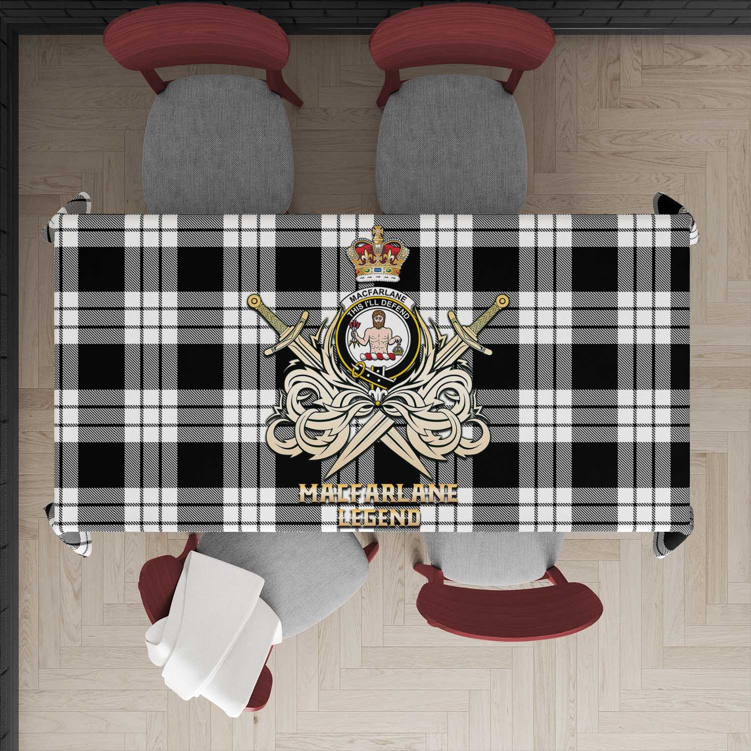 Tartan Vibes Clothing MacFarlane Black White Tartan Tablecloth with Clan Crest and the Golden Sword of Courageous Legacy