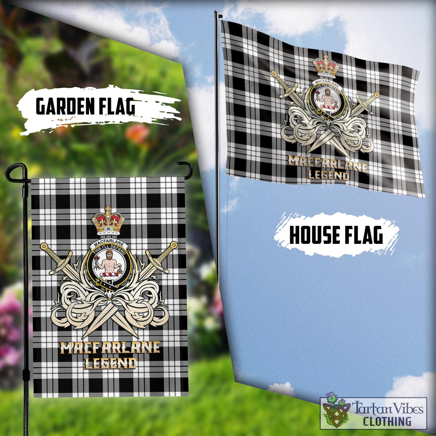 Tartan Vibes Clothing MacFarlane Black White Tartan Flag with Clan Crest and the Golden Sword of Courageous Legacy