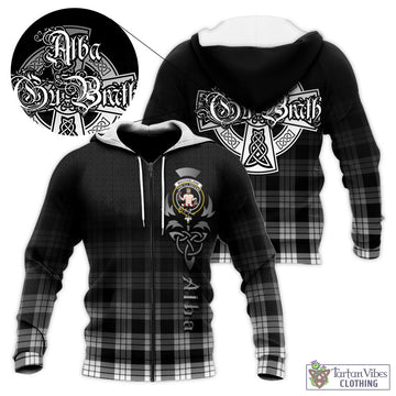 MacFarlane Black White Tartan Knitted Hoodie Featuring Alba Gu Brath Family Crest Celtic Inspired