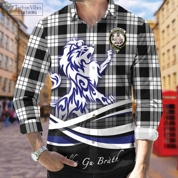 MacFarlane Black White Tartan Long Sleeve Button Up Shirt with Alba Gu Brath Regal Lion Emblem