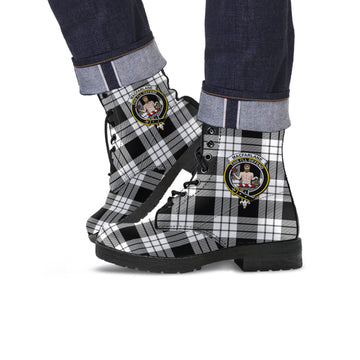 MacFarlane Black White Tartan Leather Boots with Family Crest