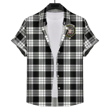 MacFarlane Black White Tartan Short Sleeve Button Down Shirt with Family Crest