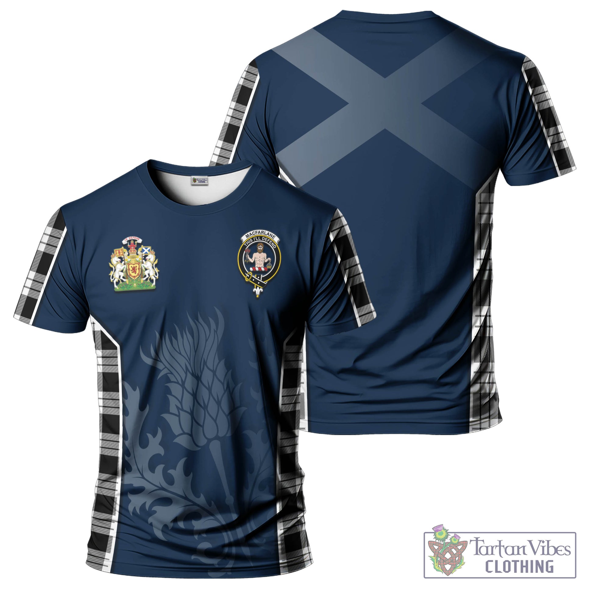 Tartan Vibes Clothing MacFarlane Black White Tartan T-Shirt with Family Crest and Scottish Thistle Vibes Sport Style