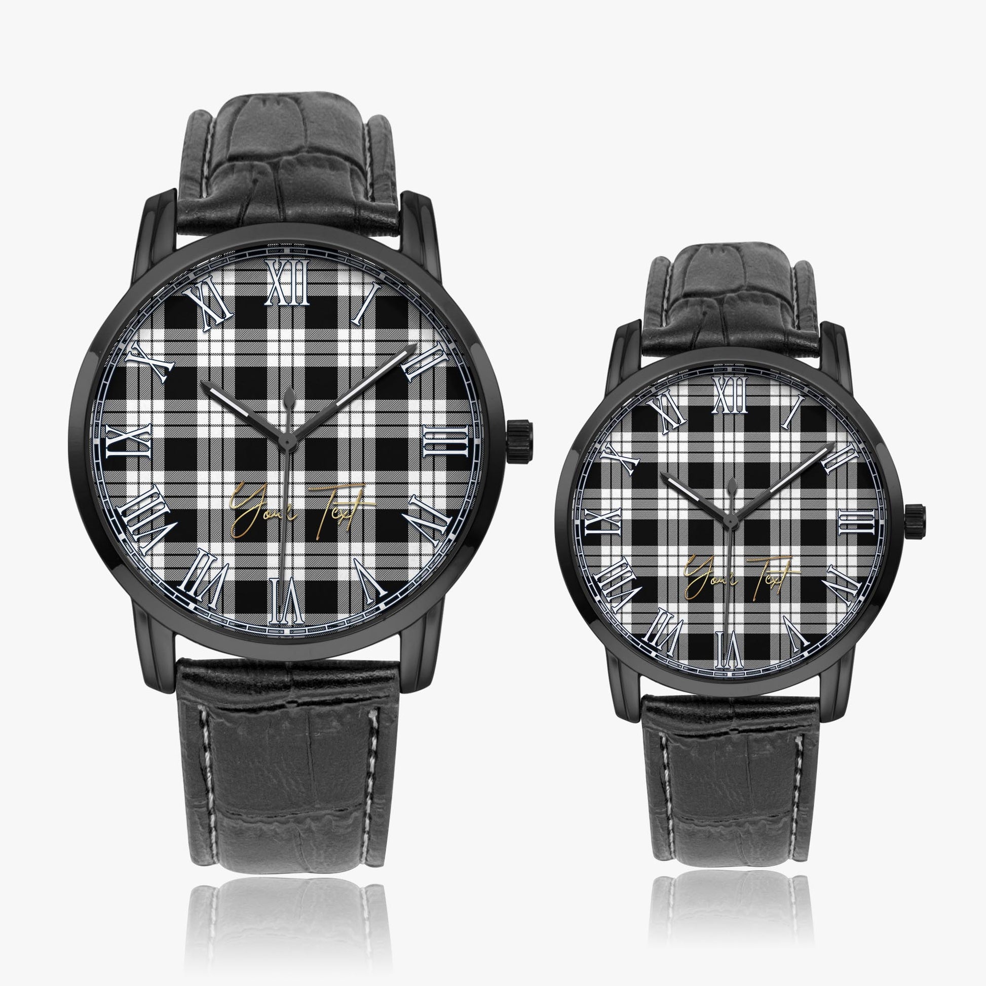 MacFarlane Black White Tartan Personalized Your Text Leather Trap Quartz Watch Wide Type Black Case With Black Leather Strap - Tartanvibesclothing