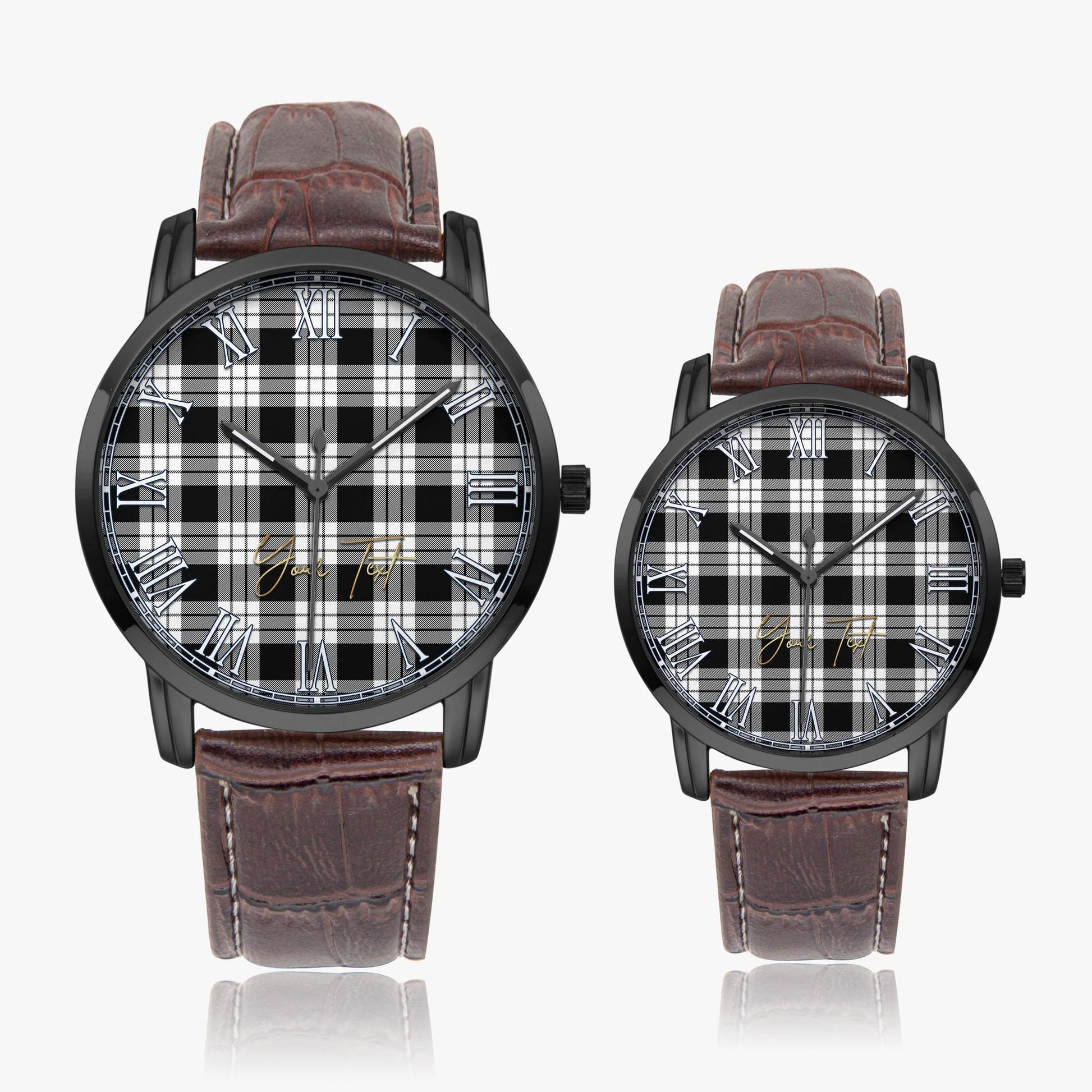 MacFarlane Black White Tartan Personalized Your Text Leather Trap Quartz Watch Wide Type Black Case With Brown Leather Strap - Tartanvibesclothing