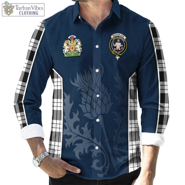 MacFarlane Black White Tartan Long Sleeve Button Up Shirt with Family Crest and Scottish Thistle Vibes Sport Style