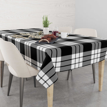 MacFarlane Black White Tartan Tablecloth with Clan Crest and the Golden Sword of Courageous Legacy