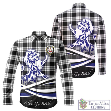 MacFarlane Black White Tartan Long Sleeve Button Up Shirt with Alba Gu Brath Regal Lion Emblem