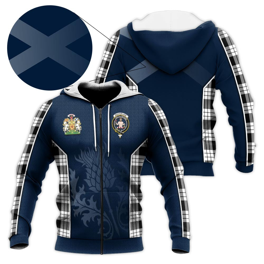 Tartan Vibes Clothing MacFarlane Black White Tartan Knitted Hoodie with Family Crest and Scottish Thistle Vibes Sport Style