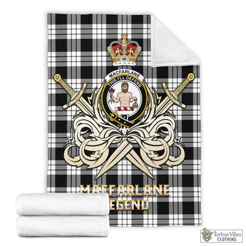 MacFarlane Black White Tartan Blanket with Clan Crest and the Golden Sword of Courageous Legacy