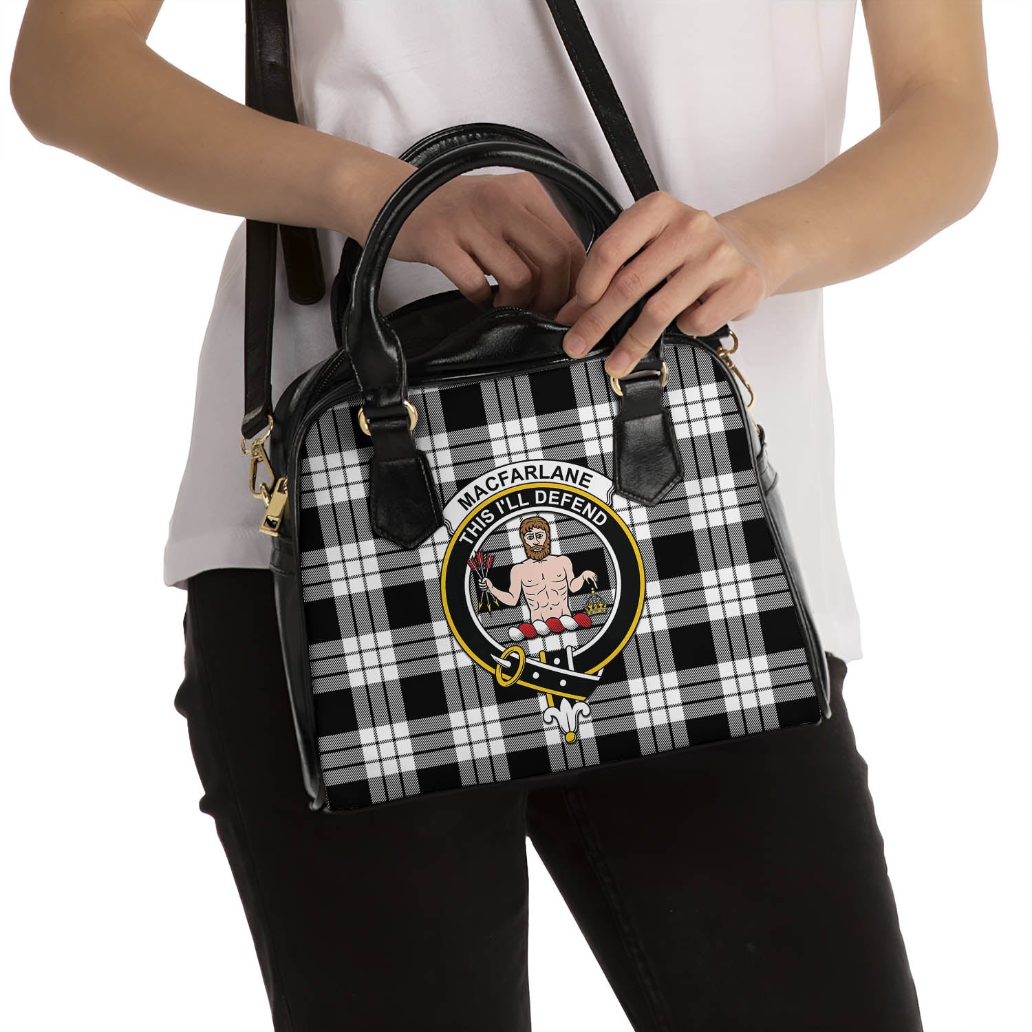 MacFarlane Black White Tartan Shoulder Handbags with Family Crest - Tartanvibesclothing