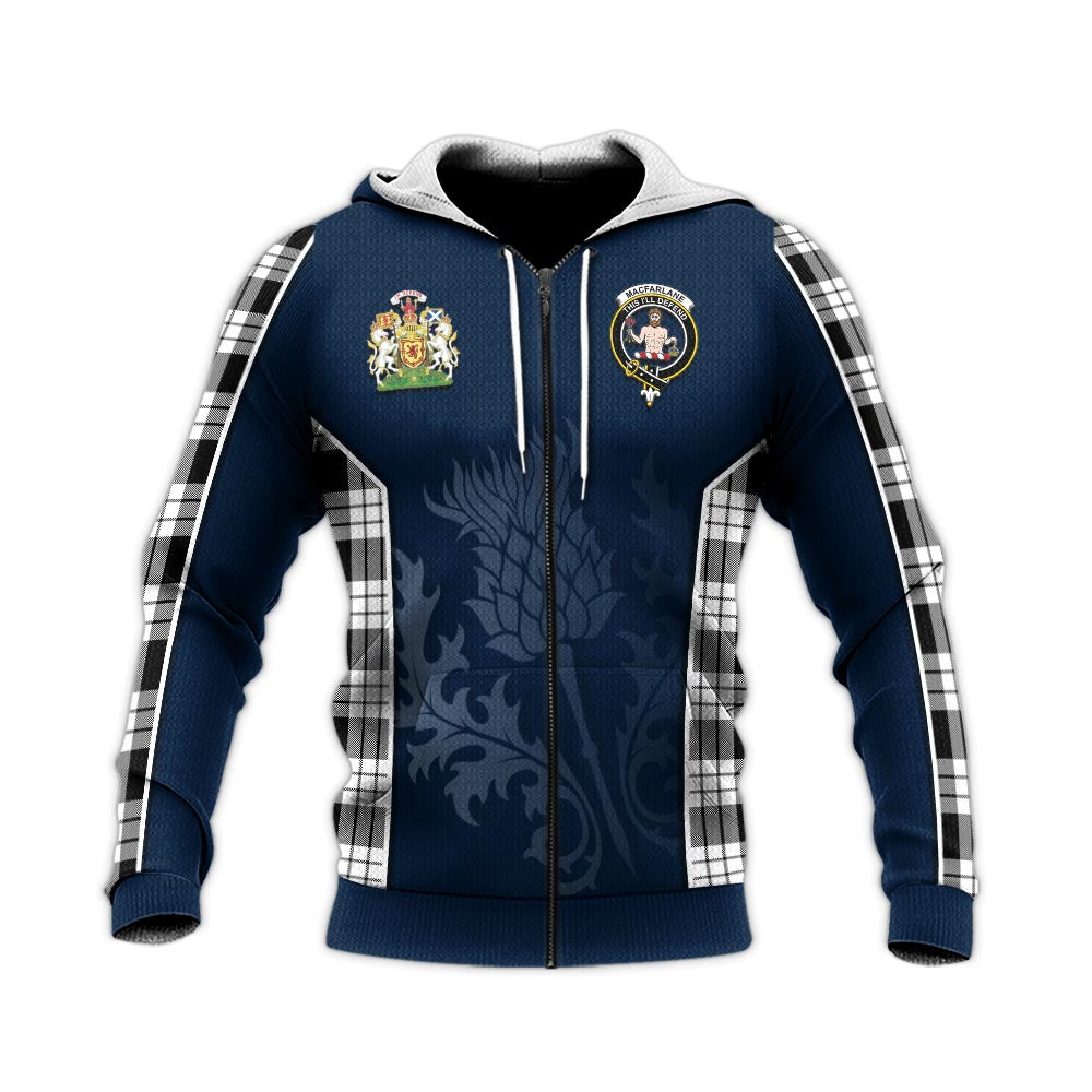 Tartan Vibes Clothing MacFarlane Black White Tartan Knitted Hoodie with Family Crest and Scottish Thistle Vibes Sport Style