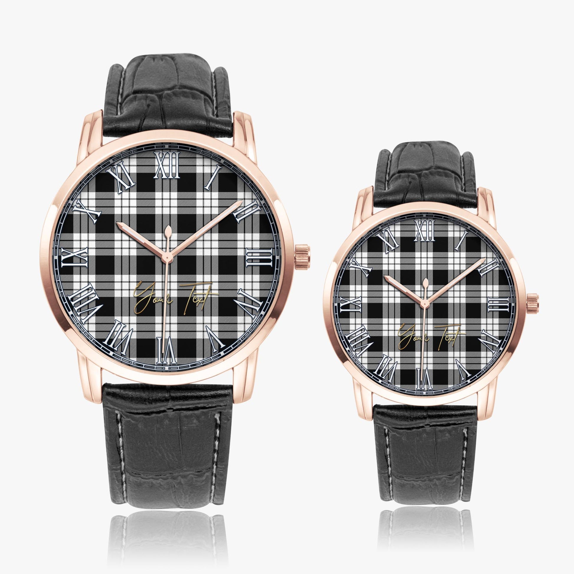 MacFarlane Black White Tartan Personalized Your Text Leather Trap Quartz Watch Wide Type Rose Gold Case With Black Leather Strap - Tartanvibesclothing