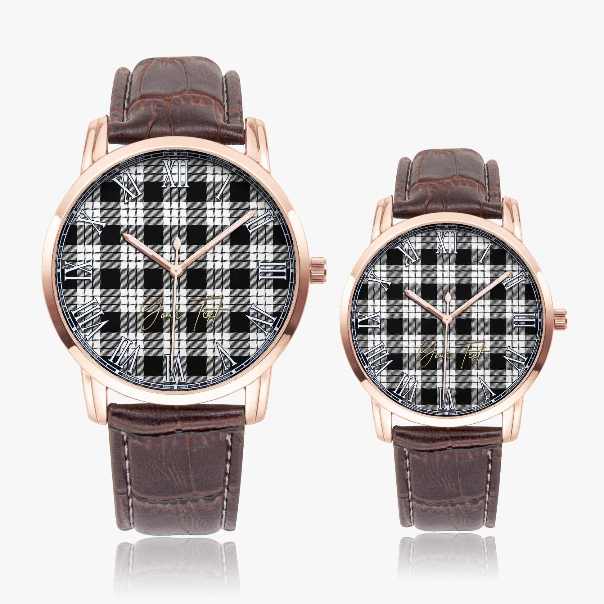 MacFarlane Black White Tartan Personalized Your Text Leather Trap Quartz Watch Wide Type Rose Gold Case With Brown Leather Strap - Tartanvibesclothing