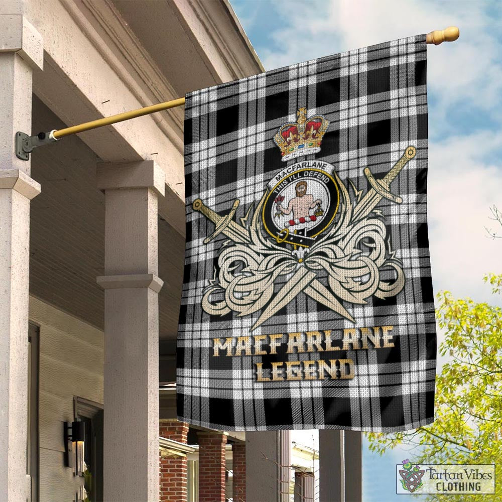 Tartan Vibes Clothing MacFarlane Black White Tartan Flag with Clan Crest and the Golden Sword of Courageous Legacy