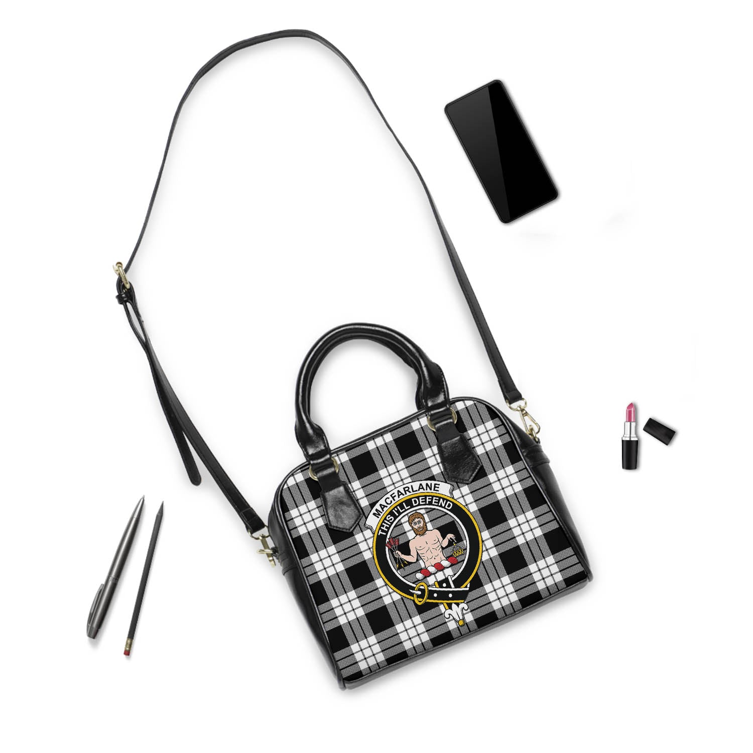 MacFarlane Black White Tartan Shoulder Handbags with Family Crest - Tartanvibesclothing