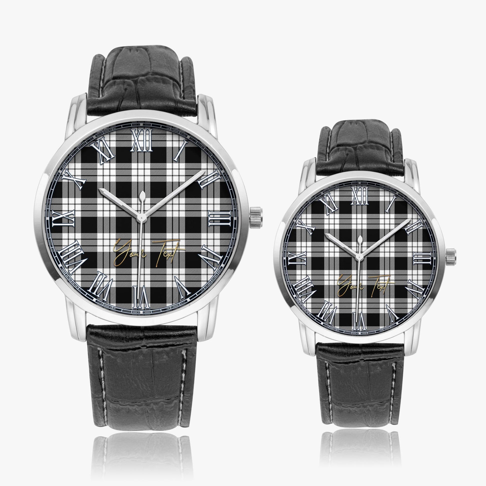 MacFarlane Black White Tartan Personalized Your Text Leather Trap Quartz Watch Wide Type Silver Case With Black Leather Strap - Tartanvibesclothing