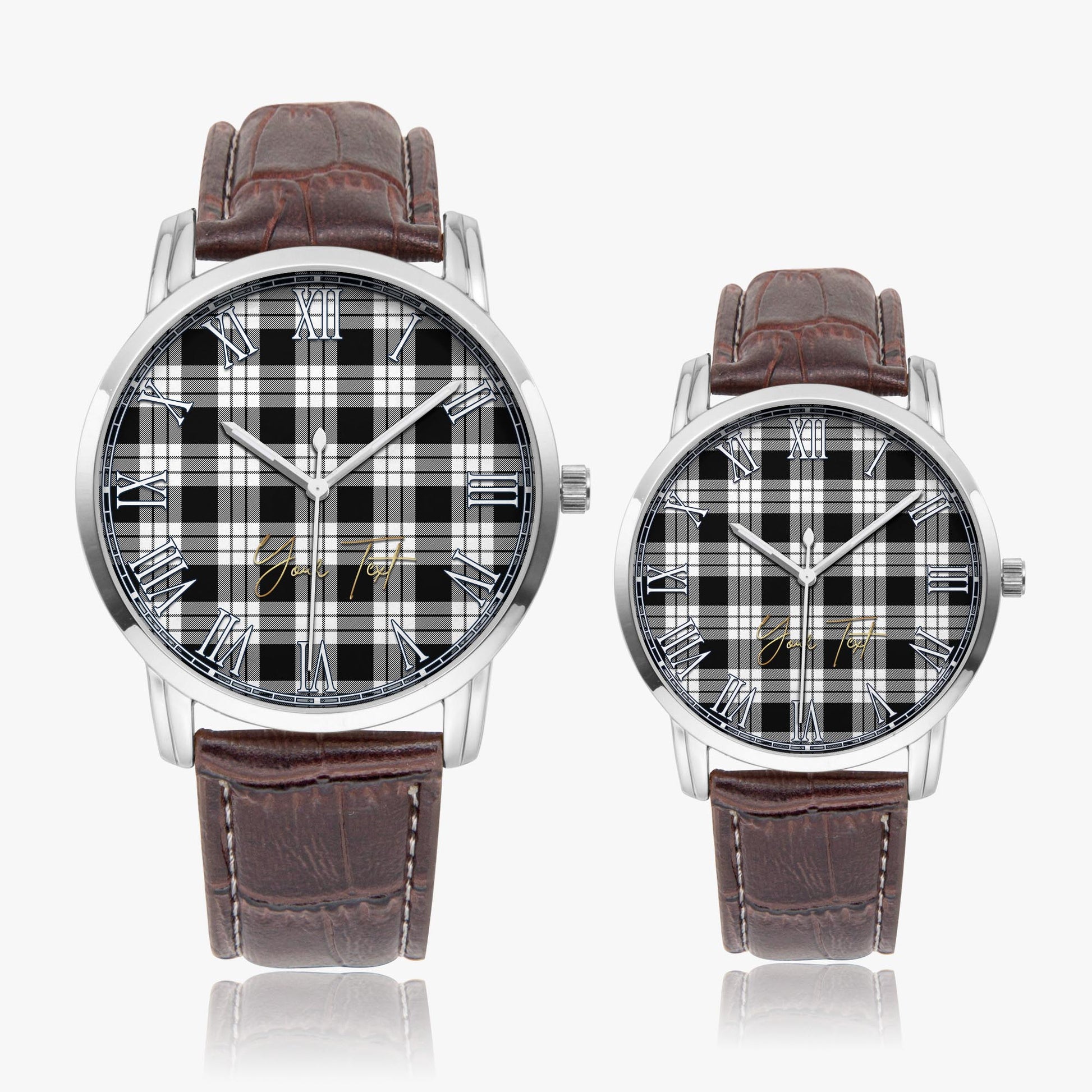 MacFarlane Black White Tartan Personalized Your Text Leather Trap Quartz Watch Wide Type Silver Case With Brown Leather Strap - Tartanvibesclothing