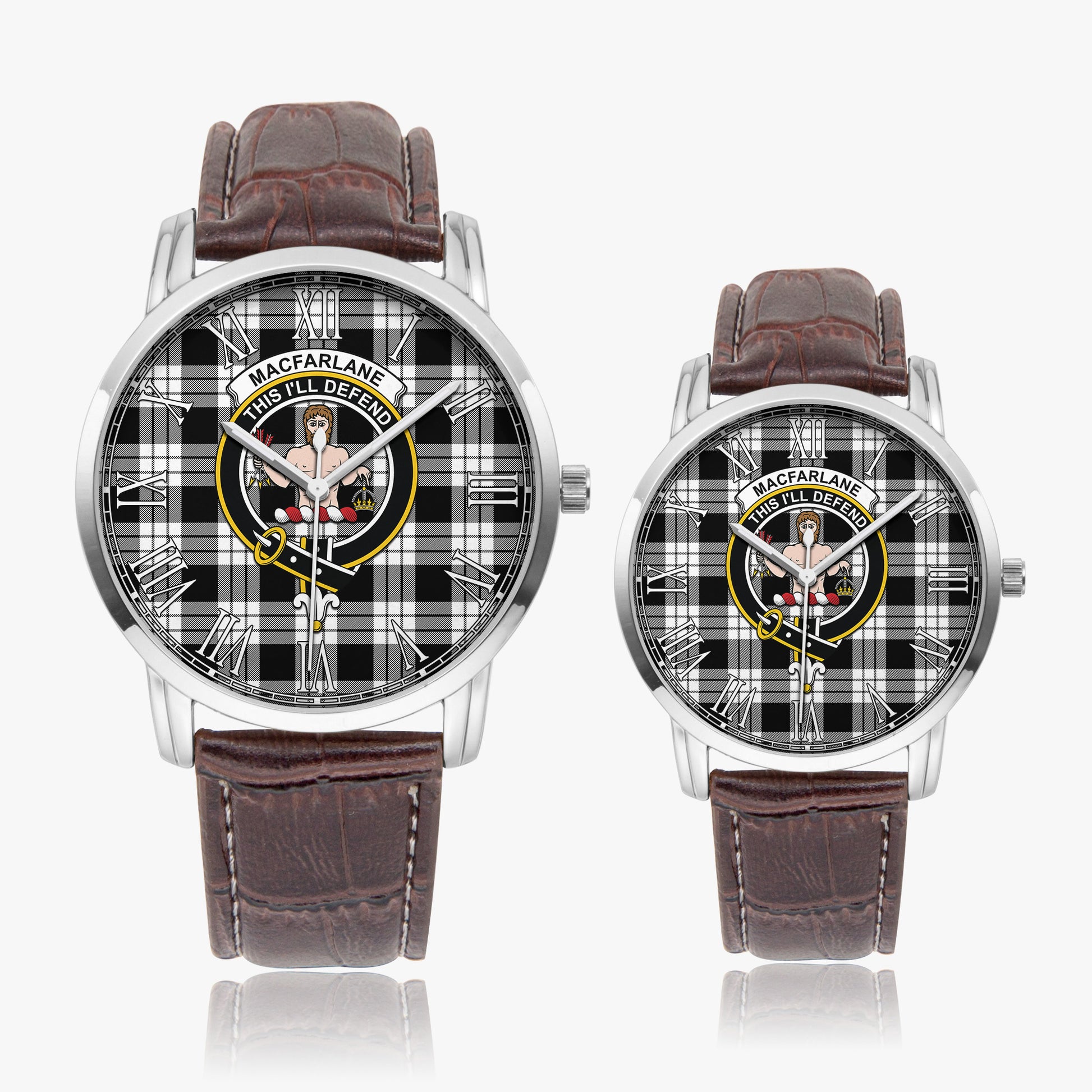 MacFarlane Black White Tartan Family Crest Leather Strap Quartz Watch - Tartanvibesclothing